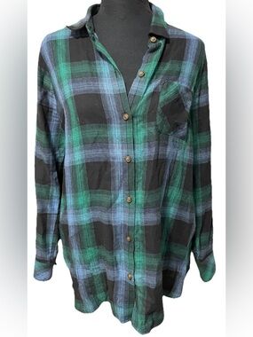 J. JILL Lightweight Flannel Shirt Blue Green Womens Cotton Modal Plaid Soft S